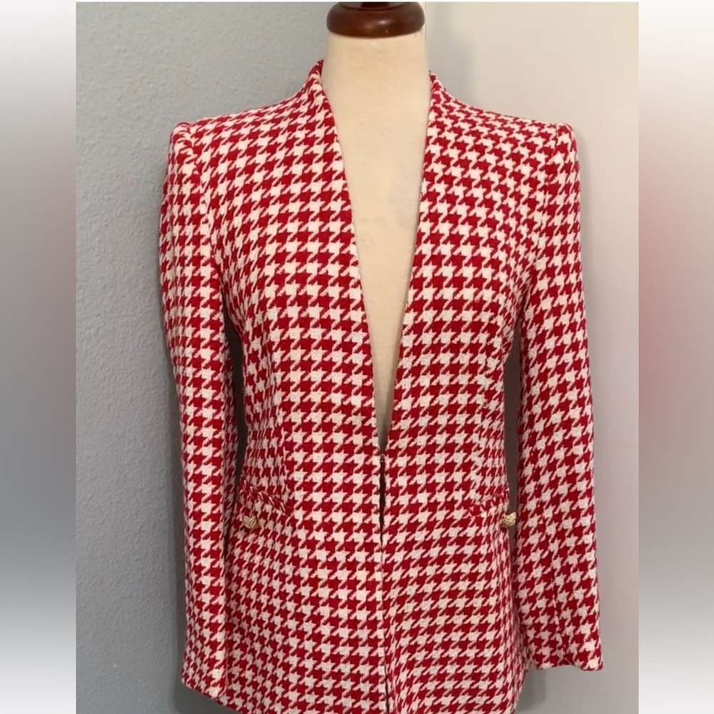 Zara Red and White Houndstooth Blazer Tailored Fit - Picture 6 of 12